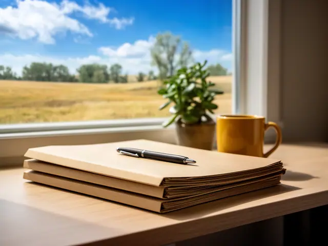 Stack of closed manila folders with a pen on a desk by a sunny window